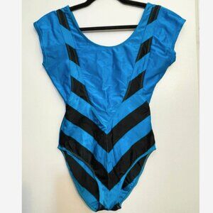 80’s Vintage Rainbeau Aerobics Leotard Jazzercise Black / Blue Chevron Sz Large
